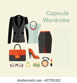 Business Capsule wardrobe. Clothes, accessories and cosmetics. Flat vector illustration.
