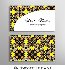 Business Card with abstract geometric ornament. Decorative colorful pattern with repeating texture, tribal ethnic motif. Vector illustration