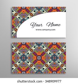 Business Card with abstract geometric ornament. Decorative colorful pattern with repeating texture, tribal ethnic motif. Vector illustration