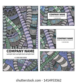 Business card with abstract vector seamless wave background of doodle hand drawn line. Psychedelic design. Vector illustration