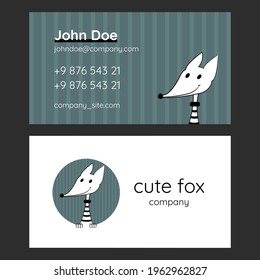 Business card with adorable fox in a bow tie. Cute cartoon logo in dark blue colors. Identity design is suitable for family cafe, animal shop, veterinary, children's store. Simple vector