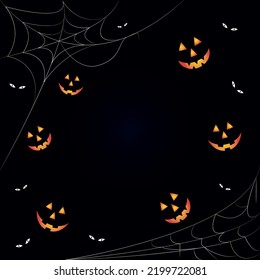 Business card, advertisement or banner for social networks with smiling pumpkins, spider webs and evil eyes. Dark background for writing Halloween messages
