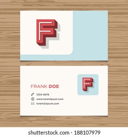 Business card with alphabet letter F. Vector template editable. Vintage design. 