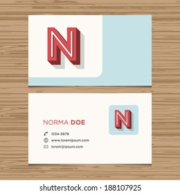 Business card with alphabet letter N. Vector template editable. Vintage design. 