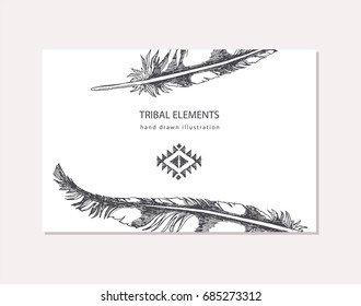 Business card with american indian tribal elements. Vector hand drawn background with feathers