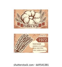 Business card for bakery shop. Hand drawn sketch. Vector illustration isolated on a white background.