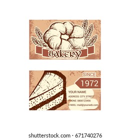 Business card for bakery shop. Hand drawn sketch. Vector illustration isolated on a white background.