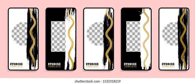 Business card for banner design. Story photo frame vector. Modern golden grunge brush template. Trendy golden story mockup, great design luxury stories. Social stories media mockup.