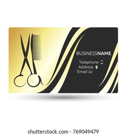 A business card for a beauty salon and barber shop gold color
