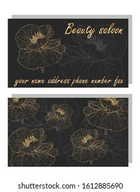 business card for a beauty salon with golden poppies, stylish design. Business Luxury card. Modern Abstract design with poppy flowers decor