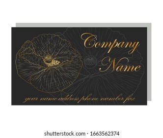 business card for a beauty salon with golden poppies, stylish design. Business Luxury card. Modern Abstract design with poppy flowers decor. Place for texts