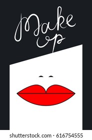 Business card beauty salon, hairdresser, makeup artist. Brunette with red lips. Vector illustration.