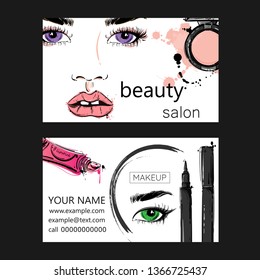 Business card. Beauty saloon.Vector abstract illustration with lip gloss, eyeliner, eye shadow.