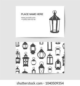 Business card with black on white doodle lanterns. Vector template