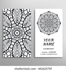 Business Card with black and white geometric pattern and mandala round ornament. Vintage decorative elements, logo, icon label design. Abstract graphic illustration