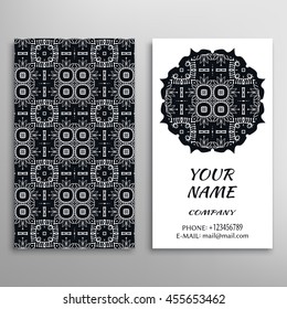 Business Card with black and white geometric pattern and mandala round ornament. Vintage decorative elements, logo, icon label design. Abstract graphic illustration