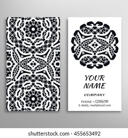 Business Card with black and white geometric pattern and mandala round ornament. Vintage decorative elements, logo, icon label design. Abstract graphic illustration
