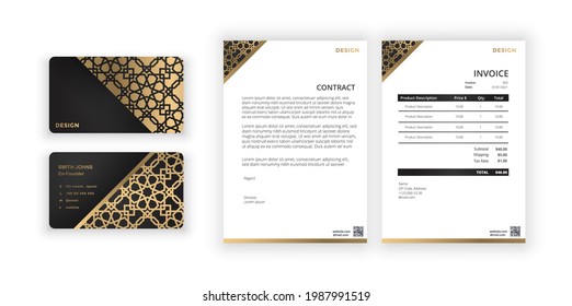 Business card and blank. Modern minimalist template. Document design template for office, company. Gold ornament greeting card on a black background. Vector illustration.