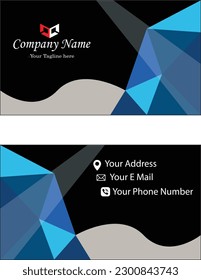 A business card with blue and black design