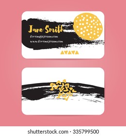 Business card with brush ink strokes. Abstract black splotches and stains with yellow spots. Vector layout with rounded corners. Design for artists, photographer, creative professionals.