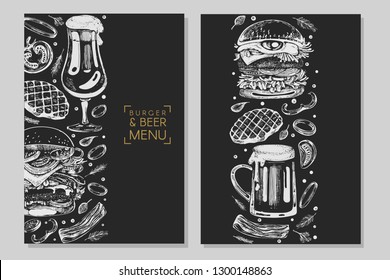 Business card with burger and beer. Vector set with banner and poster. Hand drawn illustration on the black background.