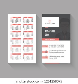 Business Card with Calendar 2019. Red