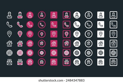 business card, call, name, location, adress icons