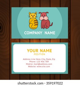 Business card with cat and dog for veterinary clinics or pet-shop on wooden background. Vector illustration elegant template, eps10.