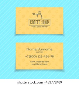 Business card of coffee shop isolated on turquoise background. Vector design elements, business signs, logos, identity, labels, badges and other branding objects for business. Vector illustration.