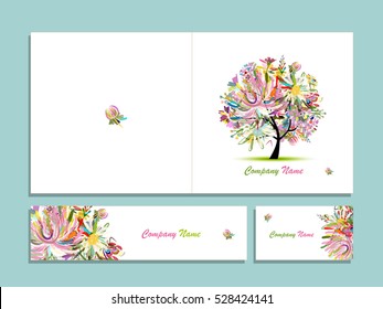 Business card collection, abstract floral tree design