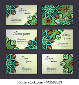 Business card collection, delicate floral mandala pattern. Vintage decorative elements. Hand drawn background.Islam, Arabic, Indian, ottoman motifs