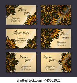 Business card collection, delicate floral mandala pattern. Vintage decorative elements. Hand drawn background.Islam, Arabic, Indian, ottoman motifs