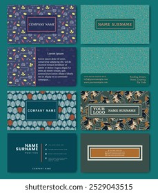Business card collection with floral background. Double sided corporate card with flowers pattern