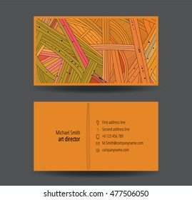 Business card with colored line pattern. Doodle. Vector.