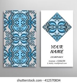 Business Card with colorful floral geometric pattern. Vintage decorative design elements, tribal ethnic arabic indian motif. Abstract graphic illustration