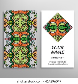 Business Card with colorful hand drawn doodle floral pattern. Vintage decorative design elements, tribal ethnic arabic indian motif. Abstract graphic illustration