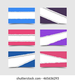 Business card with colorful torn paper template, realistic vector illustration. Paper card with holes, ripped edges and space for text. 