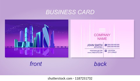 business card for the company or individual, with the image of a night city, road perspective, Front and back side template.