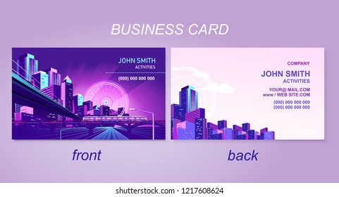 business card for the company or individual, with the image of a night city, road perspective, Front and back side template.