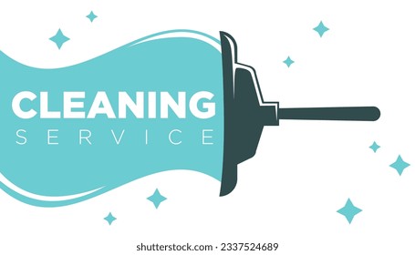 Business card or company logo of clearing services. Sparkling stars and mop with wet trace. Cleanliness and tidiness in office, house or apartment. Quality and professionals. Vector in flat style