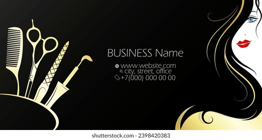 Business card concept for a beauty salon, girl with hairstyle scissors comb