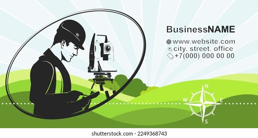 Business card concept for geodetic and cadastral work. Surveyor at the geodetic instrument