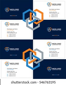 business card construction industry, three colored hexagons with dark blue background