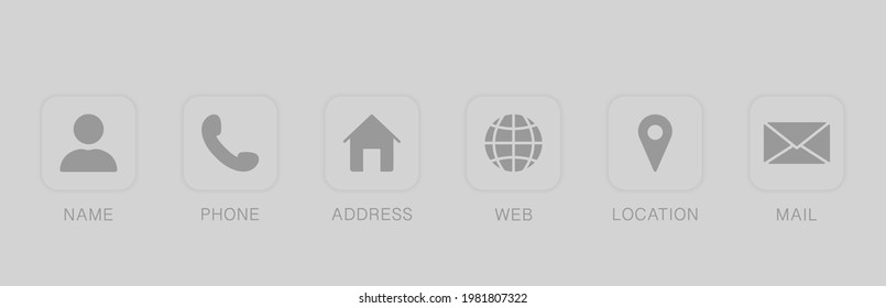 Business Card Contact Information Icon. Set of Contact Icons in square shapes. Communication symbol in Flat Style. Name, Address, Phone, Email, Website and Location Pictogram. Vector Illustration.