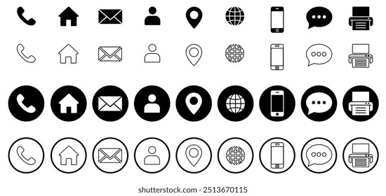 Business card contact information icon set. Containing name, address, location, mail, chat speech bubble, website, phone, mobile, fax for app and website. Vector illustration