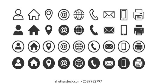 Business card contact information icon set. Containing name, address, location, mail, email, E-mail, chat speech bubble, website, telephone, cell phone, fax for app and website