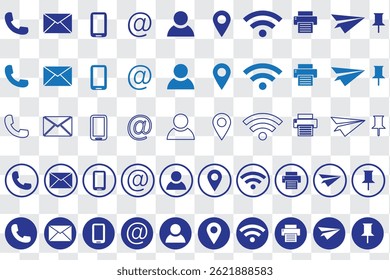 Business card contact information icon set. Containing name, address, location, mail, email, E-mail, chat speech bubble, website, telephone, cell phone, fax for app and website. Vector illustration