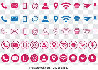 Business card contact information icon set. Containing name, address, location, mail, email, E-mail, chat speech bubble, website, telephone, cell phone, fax for app and website. Vector illustration