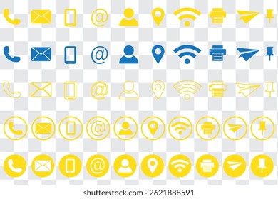 Conjunto de ícones de informações de contato do cartão de visita. Contendo nome, endereço, local, email, email, email, balão de fala de bate-papo, site, telefone, celular, fax para aplicativo e site. Ilustração vetorial