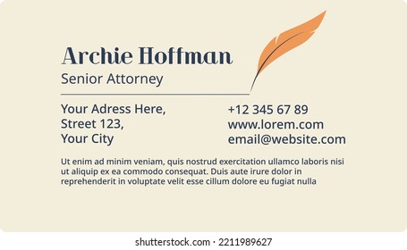 Business Card With Contact Information Of Lawyer, Barrister Or Advocate. Senior Attorney Personal And Work Phone Number, Website And Address Of Office. Sample Of Services. Vector In Flat Style